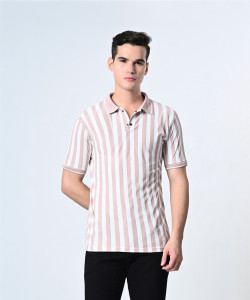Dam Striped Men Polo Neck Pink, White T-Shirt