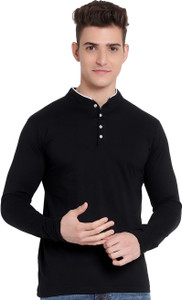 RAWKISH Solid Men Mandarin Collar Black T-Shirt