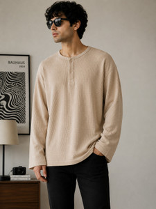 Snazzory Men Henley Neck Beige T-Shirt - Image 4