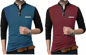 PSDESIGN Solid Men Mandarin Collar Blue, Maroon T-Shirt