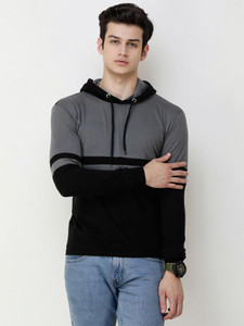 COUNTRY YARD Colorblock Men Hooded Neck Silver, Black T-Shirt