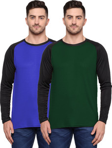 TQH Solid, Colorblock Men Round Neck Dark Green, Dark Blue T-Shirt