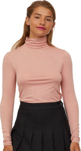 FashMind Self Design Women Turtle Neck Pink T-Shirt