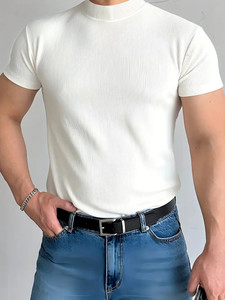 sti Solid Men High Neck White T-Shirt