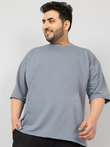 CHKOKKO Solid Men Round Neck Grey T-Shirt