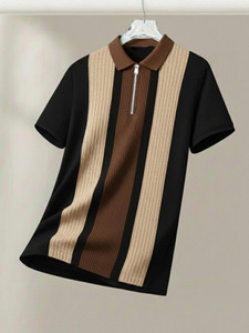 AUSK Striped Men Polo Neck Brown, Black T-Shirt