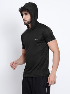 UDI n ADI Solid Men Hooded Neck Black T-Shirt