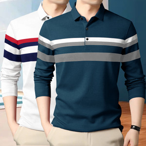 GAARRBLY Striped Men Polo Neck White T-Shirt
