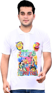neoCardin Printed Men Polo Neck White T-Shirt