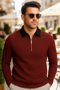 RABLY Solid Men Zip Neck Maroon T-Shirt