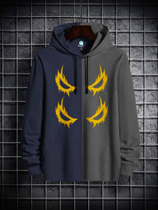 KELONBRO Printed Men Hooded Neck Dark Blue, Grey T-Shirt