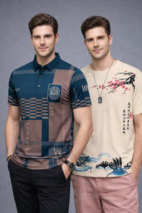 NAUGHTY MEN Geometric Print, Striped, Typography, Floral Print, Graphic Print Men Polo Neck Multicolor T-Shirt