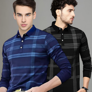 lamate fashion Checkered Men Polo Neck Blue T-Shirt