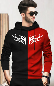 BLIVE Printed Men Hooded Neck Black, Red T-Shirt