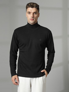 CHKOKKO Solid Men High Neck Black T-Shirt