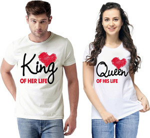 JH MART Typography Couple Round Neck White T-Shirt