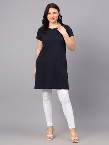 Fleximaa Solid Women Round Neck Navy Blue T-Shirt