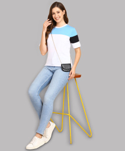 Adyavastram Colorblock Women Round Neck White T-Shirt