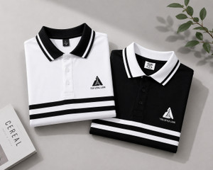 Tshirt Men Polo Neck White, Black Striped Pack of 2 - Image 6