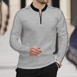 BELACHY Solid Men Mandarin Collar Grey T-Shirt