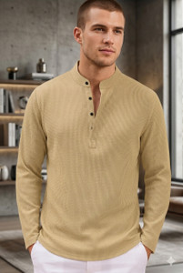 Rufica Solid Men Mandarin Collar Beige T-Shirt