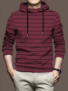 KELONBRO Striped Men Hooded Neck Maroon T-Shirt