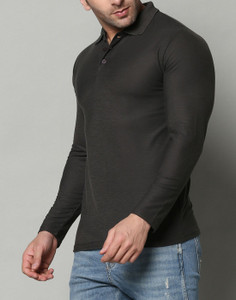 INKKR Solid Men Polo Neck Grey T-Shirt