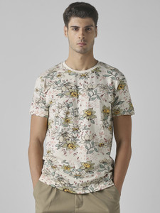 MUFTI Floral Print Men Crew Neck Beige T-Shirt