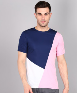 INKKR Colorblock Men Round Neck Navy Blue T-Shirt