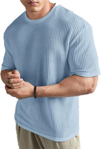Trillion Solid Men Round Neck Light Blue T-Shirt