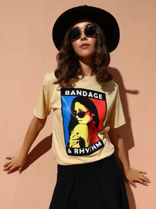THE DRY STATE Printed Women Round Neck Beige T-Shirt