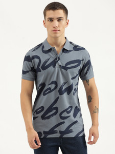 United Colors of Benetton Printed Men Polo Neck Blue T-Shirt