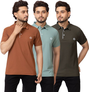 OSCILLATE Solid Men Polo Neck Brown, Light Green, Dark Green T-Shirt