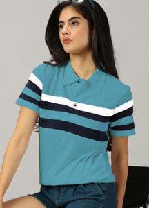 AUSK Striped Women Polo Neck Dark Blue, Black T-Shirt