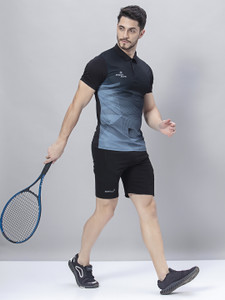 Sport Sun Printed Men Polo Neck Black, Light Blue T-Shirt