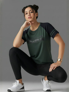 White Moon Printed Women Round Neck Green T-Shirt