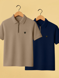 Yazole Solid Men Polo Neck Beige, Navy Blue T-Shirt