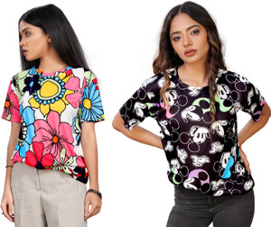 SHRIEZ Floral Print, Printed Women Round Neck Multicolor T-Shirt