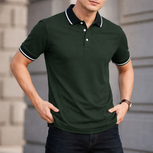 true habit Solid Men Polo Neck Dark Green T-Shirt