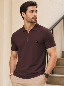 VeBNoR Self Design Men Zip Neck Brown T-Shirt