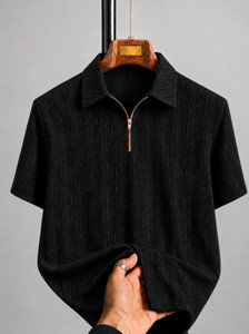KAJARU Self Design Men Zip Neck Black T-Shirt