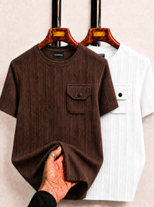 COMBRAIDED Striped Men White, Brown T-Shirt Pack of 2 - Image 6
