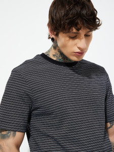 MAX Striped Men Round Neck Black T-Shirt