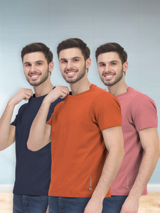FREECULTR Solid Men Round Neck Orange, Pink, Blue T-Shirt