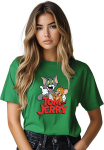 JEDFER Graphic Print, Cartoon Women Round Neck Green T-Shirt