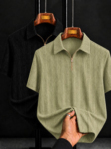 mozero Men Zip Neck Black, Light Green T-Shirt Pack of 2 - Image 6