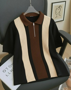 KAJARU Men Striped Polo Neck Black T-Shirt - Image 1