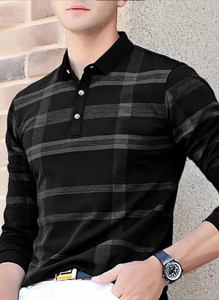 Autna Checkered Men Polo Neck Black T-Shirt