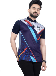 धारी बाय यूनिक क्रिएशन पुरुषों के लिए मैन्डरिन कॉलर प्रिंटेड नेवी ब्लू टी-शर्ट