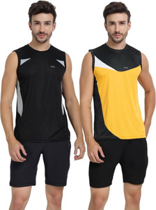 FTX Solid Men Round Neck Gold, Black T-Shirt